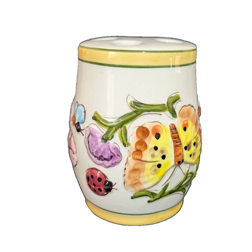 eramic Toothbrush  Holder 4"‎ Butterfly. Ladybug Garden Theme Retro